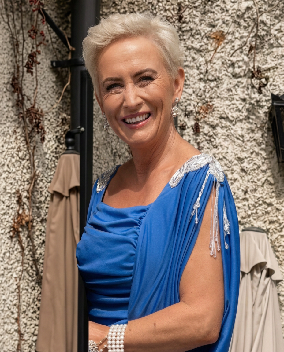 Fiona smiling in a cobalt blue occasion dress
